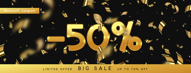 Discount voucher template design with gold confetti tinsel. Coupon card, sale banner template. 50 percent Vector illustration