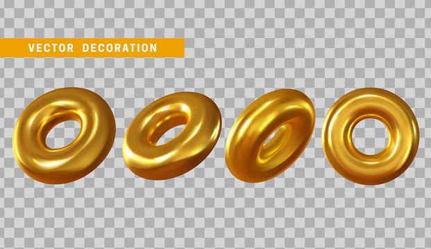 Design Element In Shape Of 3d Torus Gold Color. Round Ring Tor Isolated With Transparent Background