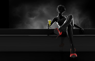 Fototapeta premium Silhouette woman sit with drink