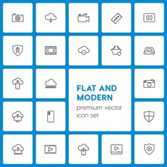 Modern Simple Set of cloud and networking, security, video, photos Vector outline Icons. Contains such Icons as  television,  pause,  sign and more on dark background. Fully Editable. Pixel Perfect