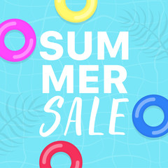 Summer SALE banner with swimming pool , palm leaves and inflatable rings on background. 