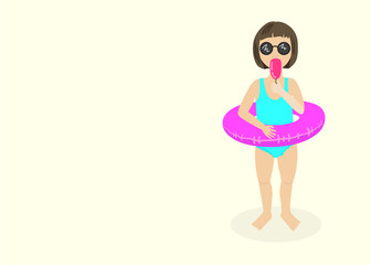 Little girl eating icecream wearing swimsuit and inflatable ring.