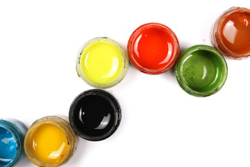 Multicolored watercolor bottle containers isolated on white background, top view