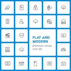 Modern Simple Set of cloud and networking, security, video, photos Vector outline Icons. Contains such Icons as  payment,  phone,  unlock and more on dark background. Fully Editable. Pixel Perfect