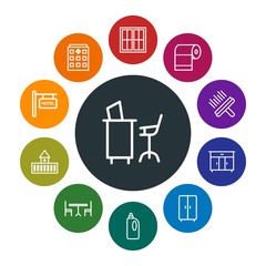 buildings, furniture, housekeeping Infographic Colorful outline Icons Set. Contains such Icons as  work, hotel,  roll,  decoration,  bed,  medieval,  exterior and more. Fully Editable. Pixel Perfect