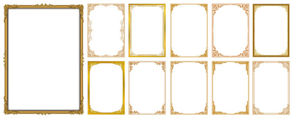 Set of Decorative vintage frames and borders set,Gold photo frame with corner Thailand line floral for picture, Vector design decoration pattern style. border design is pattern Thai art style