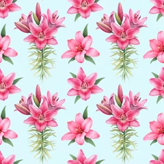 Foto op Plexiglas Watercolor illustrations of lily flowers. Seamless pattern © Aleksandra Smirnova