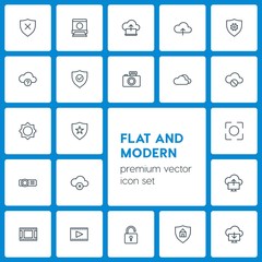 Modern Simple Set of cloud and networking, security, video, photos Vector outline Icons. Contains such Icons as  photo,  cloud,  picture and more on dark background. Fully Editable. Pixel Perfect