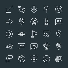 Modern Simple Set of location, arrows, chat and messenger, security Vector outline Icons. Contains such Icons as  city,  circle,  eye,  add and more on dark background. Fully Editable. Pixel Perfect.