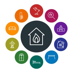 buildings, furniture, housekeeping Infographic Colorful outline Icons Set. Contains such Icons as  smoke, sofa,  service,  sea, house,  detergent,  couch, home and more. Fully Editable. Pixel Perfect