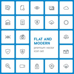 Modern Simple Set of cloud and networking, security, video, photos Vector outline Icons. Contains such Icons as  social,  house,  upload and more on dark background. Fully Editable. Pixel Perfect