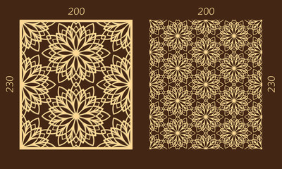 Laser cutting set. Woodcut vector panel. Plywood lasercut eastern design. Hexagonal seamless pattern for printing, engraving, paper cutting. Stencil ornament.