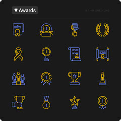 Awards thin line icons set: trophy, medal, cup, star, statuette, ribbon. Modern vector illustration of prizes for competition.