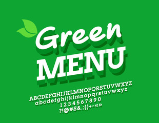 Vector Bio Logo Green Menu. Bright 3D Font. Alphabet Letters, Numbers and Symbols for Ecological friendly Text