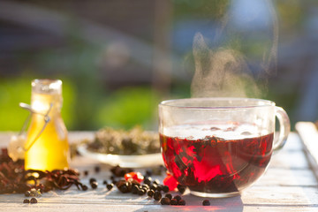 Red Hot Hibiscus tea in a glass mug