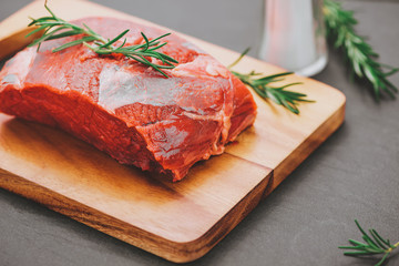 Raw beef cooking with ingredients. Top view with copy space