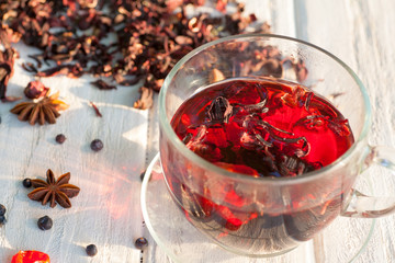 Red Hot Hibiscus tea in a glass mug