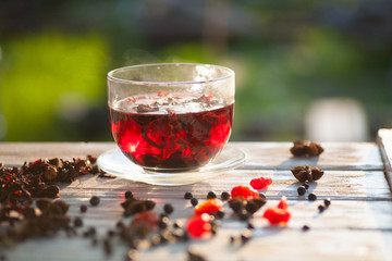 Red Hot Hibiscus tea in a glass mug
