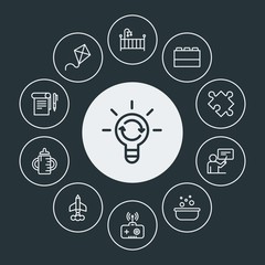 education, kids and toys Infographic Circle outline Icons Set. Contains such Icons as  summer,  childhood, toy, education, jigsaw, baby,  baby,  university, bed and more. Fully Editable. Pixel Perfect