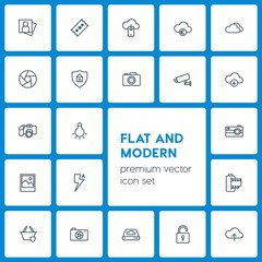 Modern Simple Set of cloud and networking, security, video, photos Vector outline Icons. Contains such Icons as  internet,  film,  memory and more on dark background. Fully Editable. Pixel Perfect
