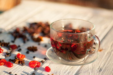 Red Hot Hibiscus tea in a glass mug