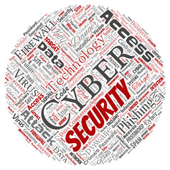 Vector conceptual cyber security online access technology round circle red word cloud isolated background. Collage of phishing, key virus, data attack, crime, firewall password, harm, spam protection