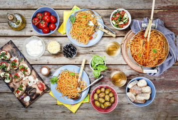 food. abundance of products, Italian food table, bruschetta, top view