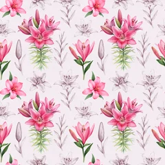 Foto op Aluminium Illustrations of lily flowers. Seamless pattern © Aleksandra Smirnova