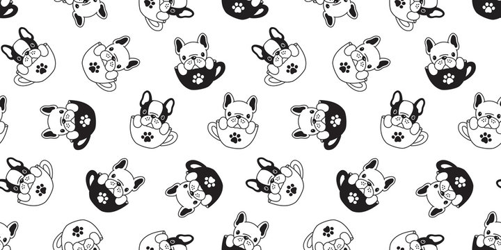 Dog seamless pattern french bulldog vector isolated pug cup paw puppy wallpaper background white