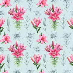  Illustrations of lily flowers. Seamless pattern © Aleksandra Smirnova