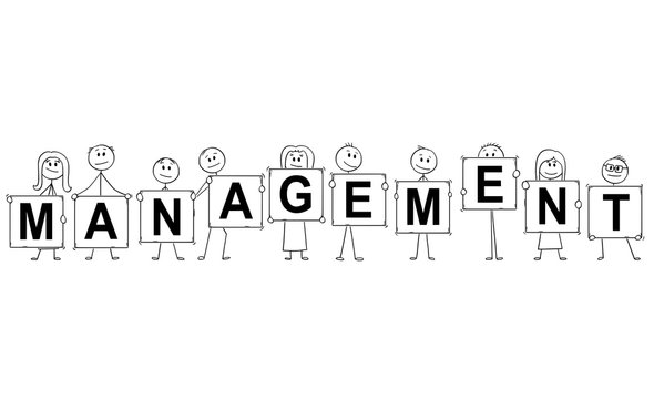 Cartoon stick man drawing conceptual illustration of businessmen and businesswomen holding signs with management text. Business concept of team leadership .