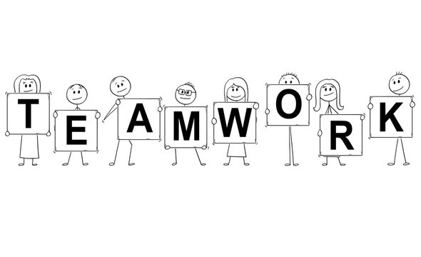 Cartoon stick man drawing conceptual illustration of businessmen and businesswomen holding signs with teamwork text. Business concept of communication and leadership .