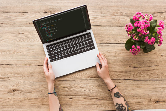 partial view of woman at tabletop with laptop and kalanhoe plant in flowerpot