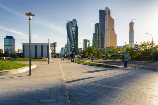 Sunny view of Smolenskaya embankment and Moskva river, Moscow, Russia.