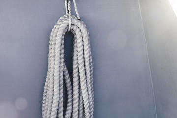 Ship's ropes on the yacht in Ligurian Sea, Italy. Close Up