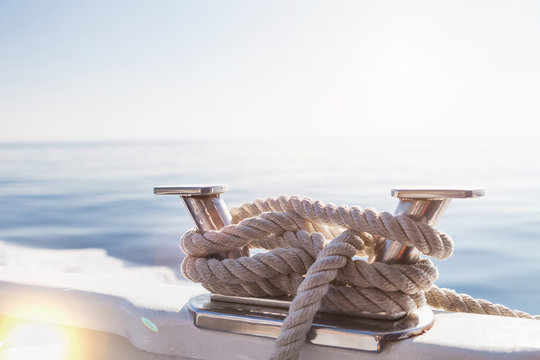 Ship's ropes on the yacht in Ligurian Sea, Italy. Close Up
