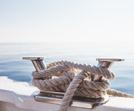 Ship's ropes on the yacht in Ligurian Sea, Italy. Close-up