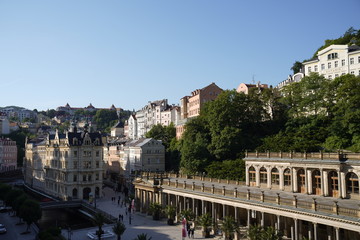 Fototapeta na wymiar Panorama view at the Mill Colonnade (Mlýnská kolonáda) in Carlsbad (Karlovy Vary), Czech Republic