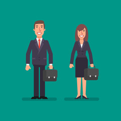 Business woman and businessman holding suitcases and smile. Business concept.