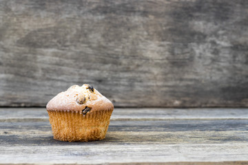 Muffin with raisins sprinkled with powdered sugar on a wooden background and copy space