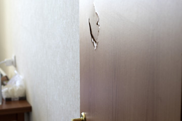 Broken door with golden handle and lock, side view