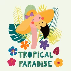 Keuken spatwand met foto Hand drawn vector illustration of a cute funny flamingo in a straw hat, with palm leaves, lettering quote Tropical paradise. Isolated objects. Scandinavian style flat design. Concept children print. © Maria Skrigan