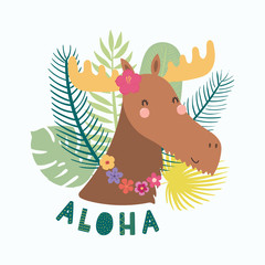 Hand drawn vector illustration of a cute funny moose in flower necklace, with palm leaves, lettering quote Aloha. Isolated objects. Scandinavian style flat design. Concept for children print.