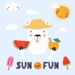 Hand drawn vector illustration of a cute funny llama in a straw hat with watermelon, cocktail, lettering quote Sun and fun. Isolated objects. Scandinavian style flat design. Concept for children print © Maria Skrigan