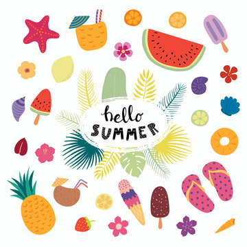 Hand drawn lettering quote Hello Summer with summer objects. Isolated objects on white background. Vector illustration. Scandinavian style flat design. Concept for children print.