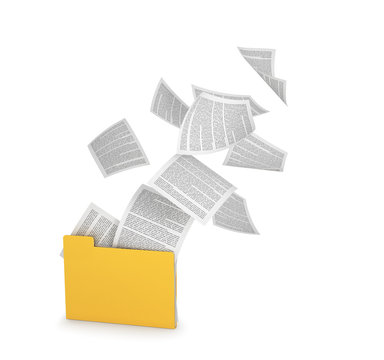 Yellow folder with flying documents, isolated on white. 3d illustration