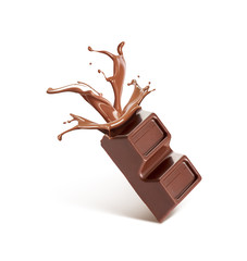 broken chocolate, from which flows chocolate, isolated on a white background