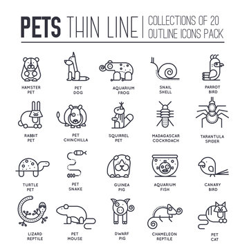 Animal flat thin line illustration icons set. Outline cute home pets on isolated background. Different collection domestic wildlife objects concept design