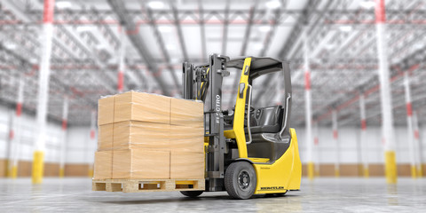Modern forklift with cardboard boxes on a blurred warehouse background. 3d illustration
