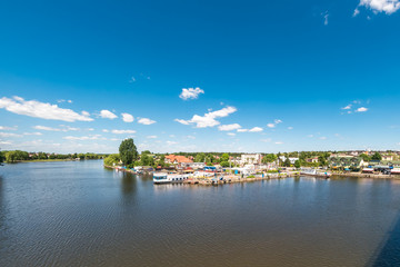 Fototapeta na wymiar aerial view of the river port in sunny summer day